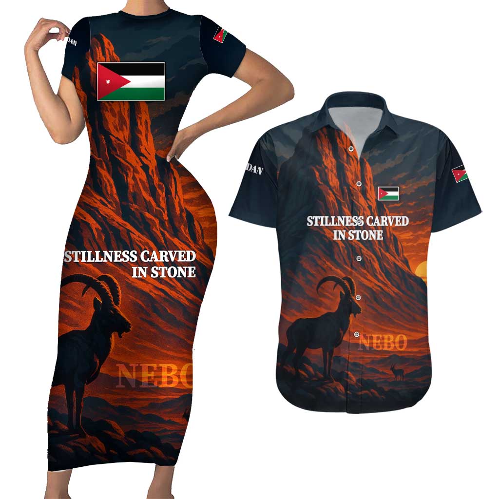 Jordan Nebo Mountain Couples Matching Short Sleeve Bodycon Dress and Hawaiian Shirt with Ibex and Desert Rock Landscape
