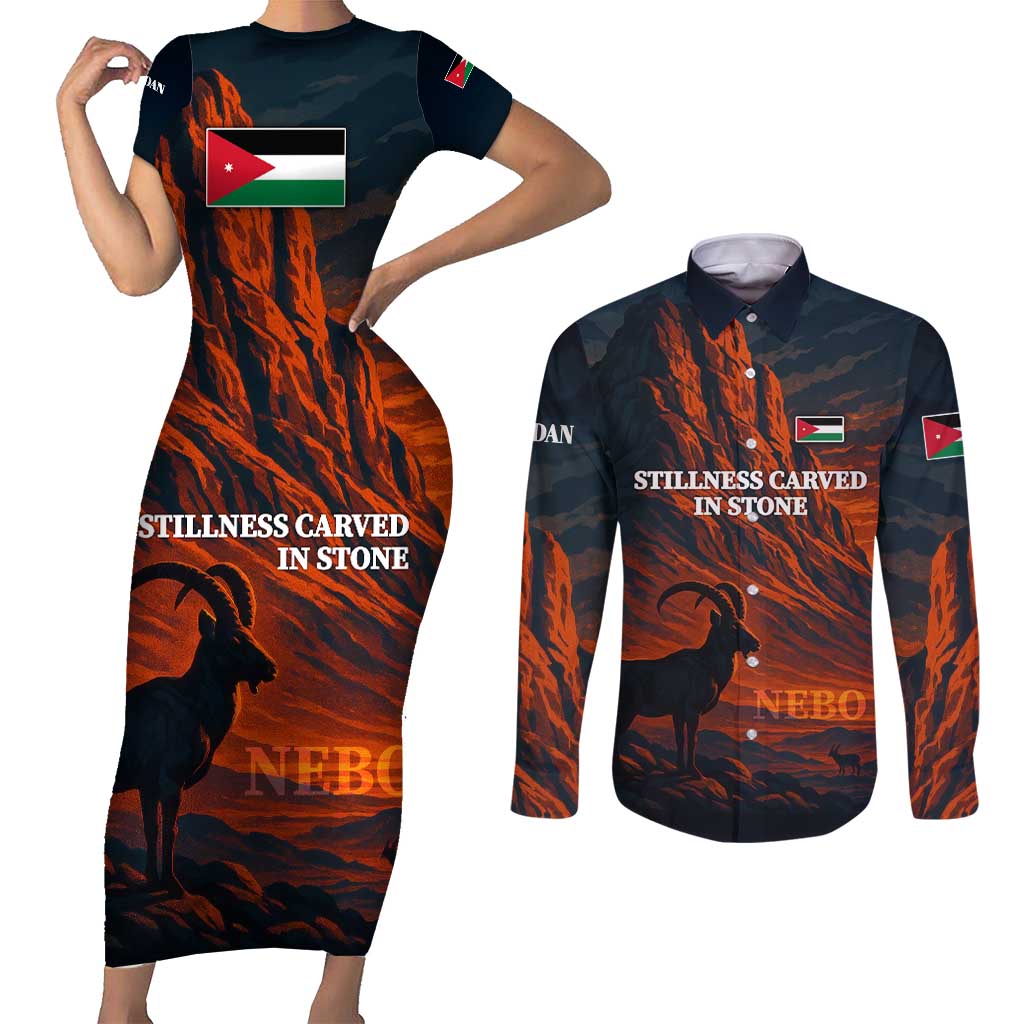 Jordan Nebo Mountain Couples Matching Short Sleeve Bodycon Dress and Long Sleeve Button Shirt with Ibex and Desert Rock Landscape
