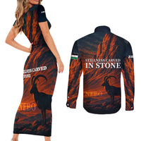 Jordan Nebo Mountain Couples Matching Short Sleeve Bodycon Dress and Long Sleeve Button Shirt with Ibex and Desert Rock Landscape