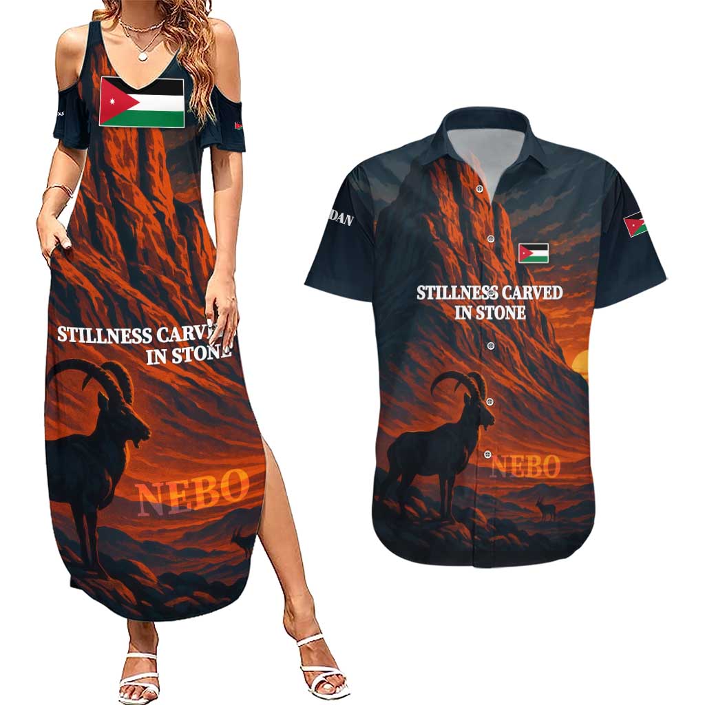 Jordan Nebo Mountain Couples Matching Summer Maxi Dress and Hawaiian Shirt with Ibex and Desert Rock Landscape