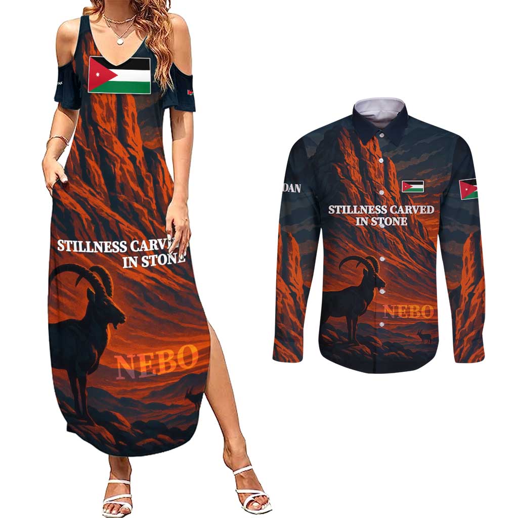 Jordan Nebo Mountain Couples Matching Summer Maxi Dress and Long Sleeve Button Shirt with Ibex and Desert Rock Landscape