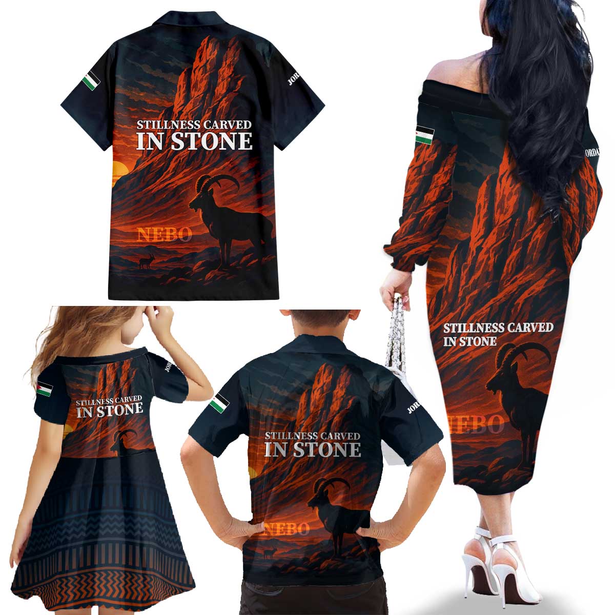 Jordan Nebo Mountain Family Matching Off The Shoulder Long Sleeve Dress and Hawaiian Shirt with Ibex and Desert Rock Landscape