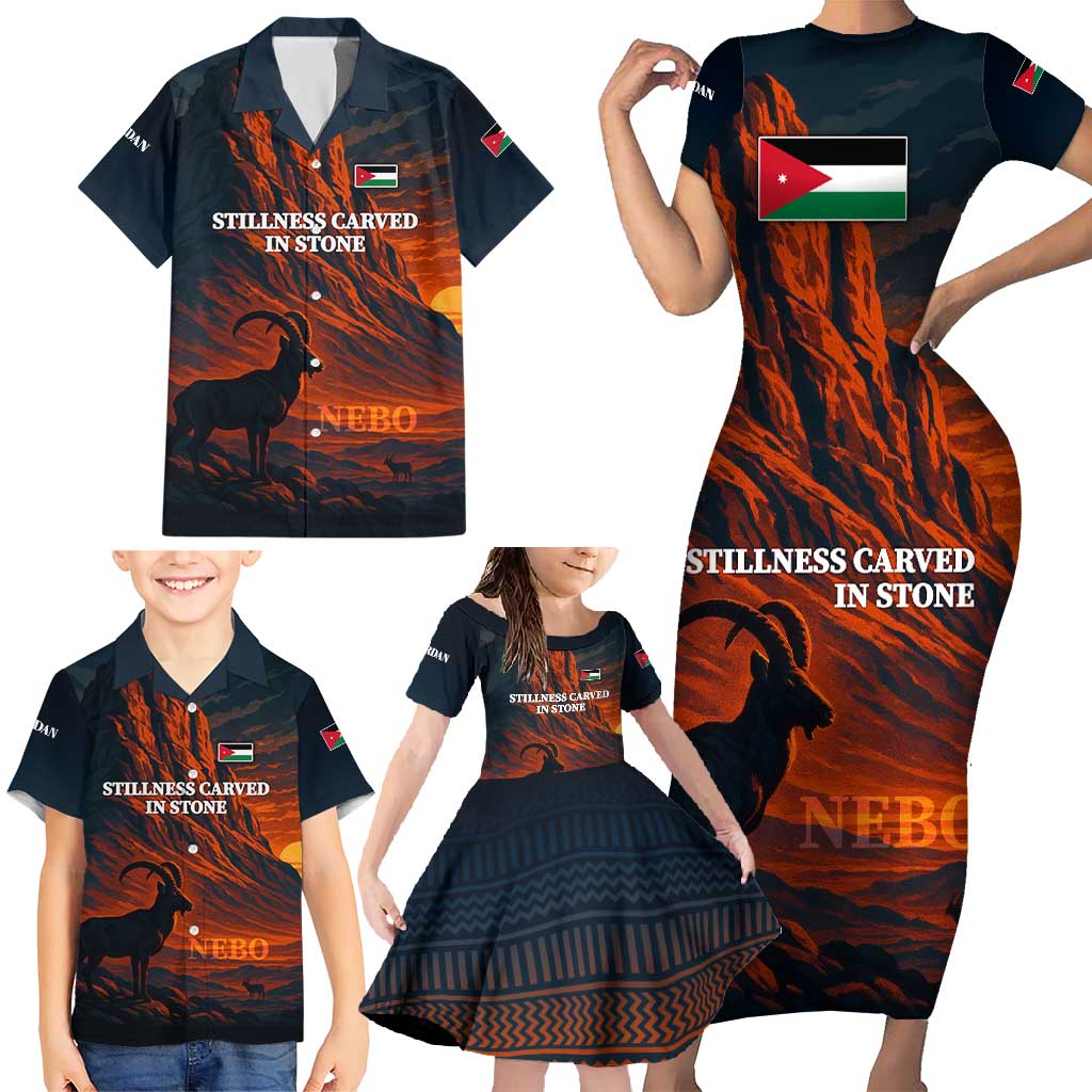 Jordan Nebo Mountain Family Matching Short Sleeve Bodycon Dress and Hawaiian Shirt with Ibex and Desert Rock Landscape