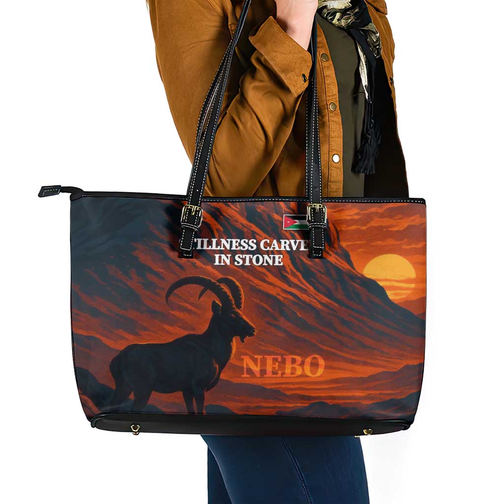 Jordan Nebo Mountain Leather Tote Bag with Ibex and Desert Rock Landscape