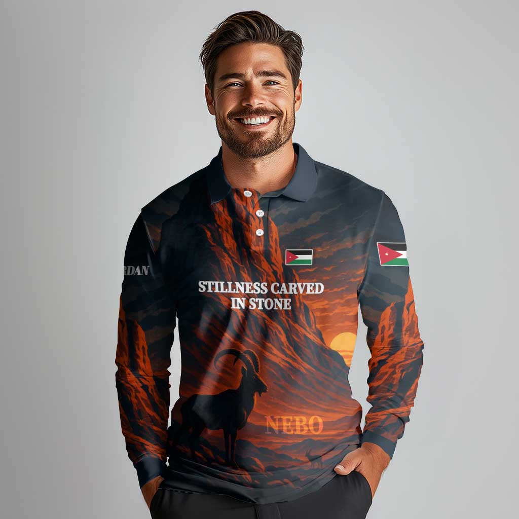 Jordan Nebo Mountain Long Sleeve Polo Shirt with Ibex and Desert Rock Landscape