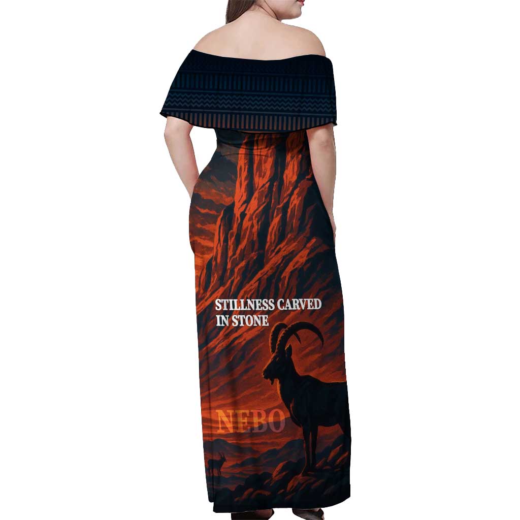Jordan Nebo Mountain Off Shoulder Maxi Dress with Ibex and Desert Rock Landscape