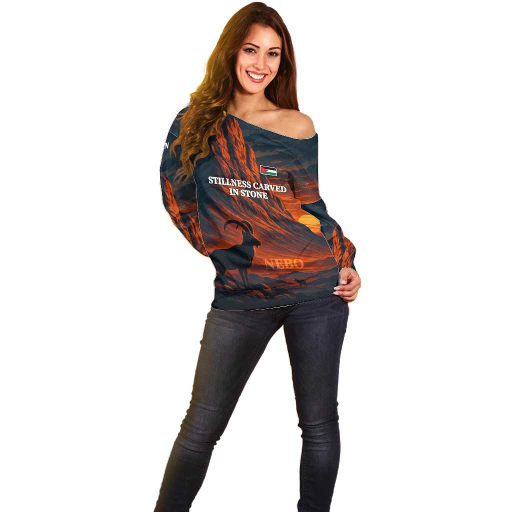 Jordan Nebo Mountain Off Shoulder Sweater with Ibex and Desert Rock Landscape