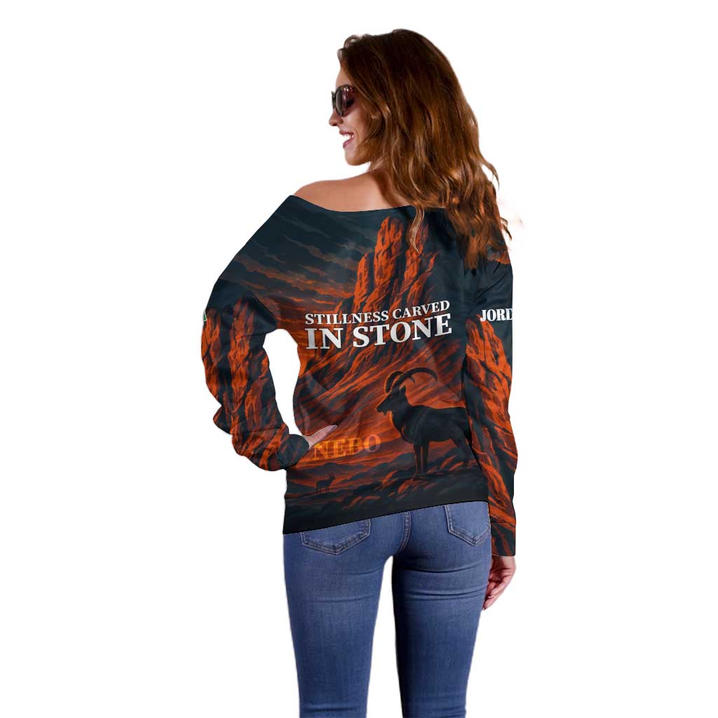 Jordan Nebo Mountain Off Shoulder Sweater with Ibex and Desert Rock Landscape