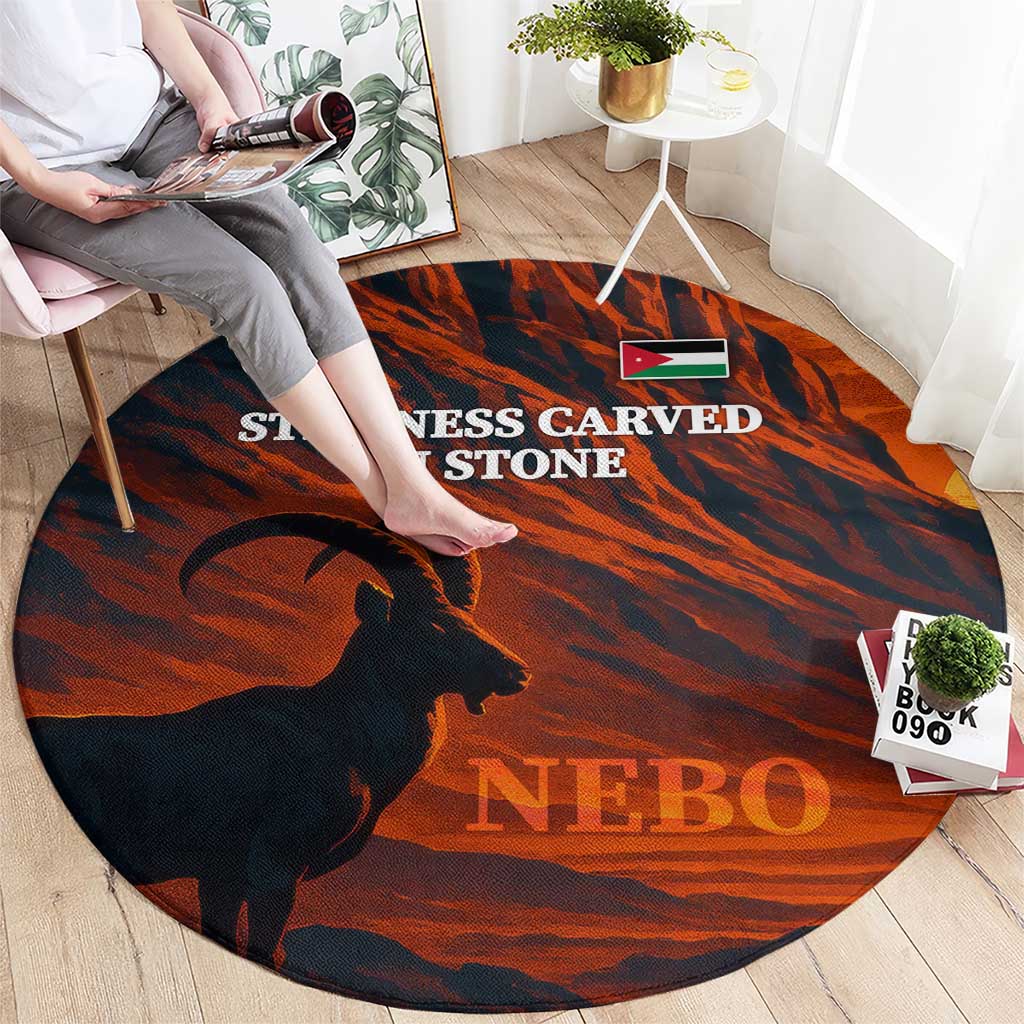 Jordan Nebo Mountain Round Carpet with Ibex and Desert Rock Landscape