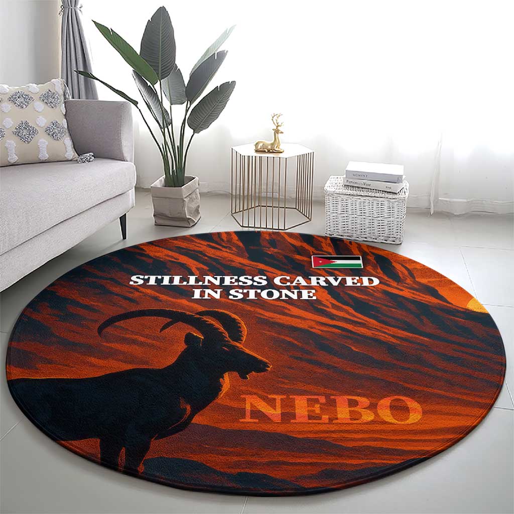 Jordan Nebo Mountain Round Carpet with Ibex and Desert Rock Landscape