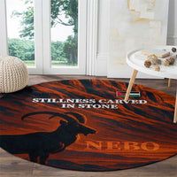 Jordan Nebo Mountain Round Carpet with Ibex and Desert Rock Landscape