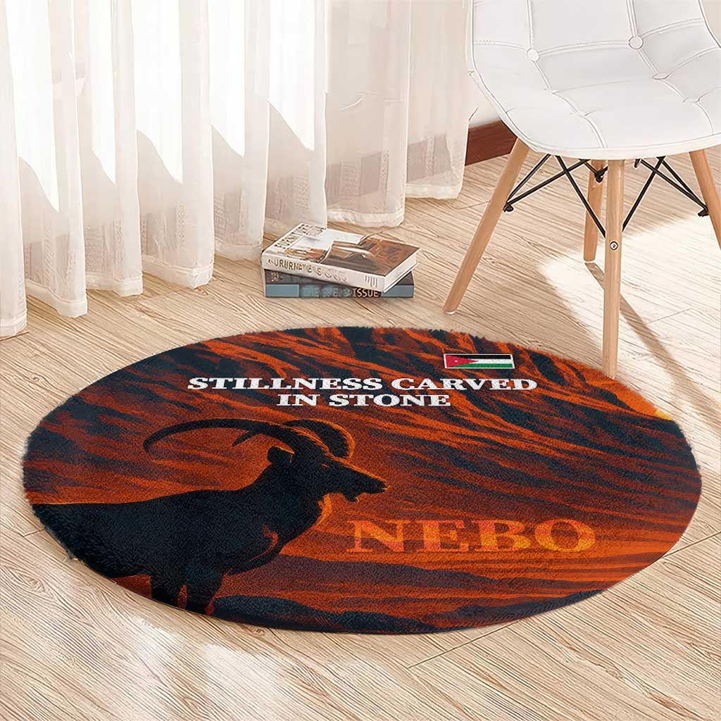 Jordan Nebo Mountain Round Carpet with Ibex and Desert Rock Landscape