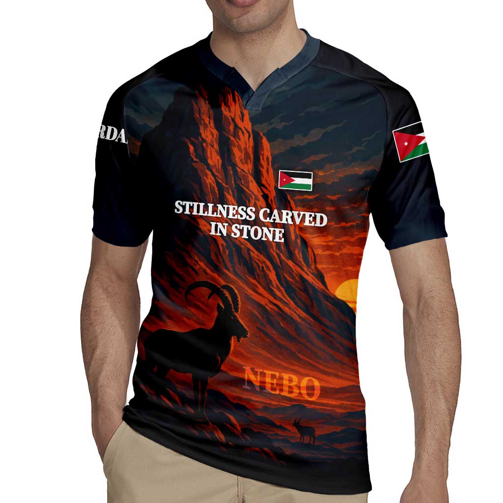 Jordan Nebo Mountain Rugby Jersey with Ibex and Desert Rock Landscape