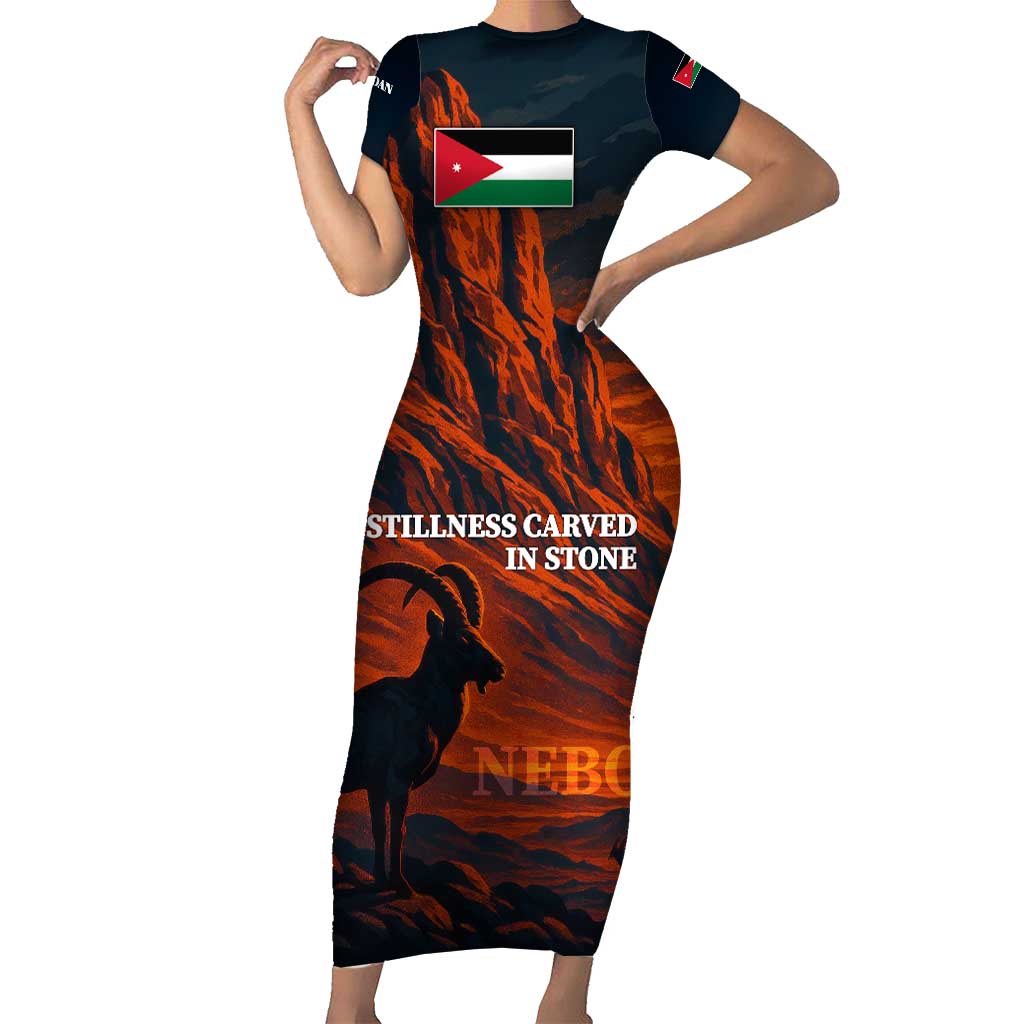 Jordan Nebo Mountain Short Sleeve Bodycon Dress with Ibex and Desert Rock Landscape