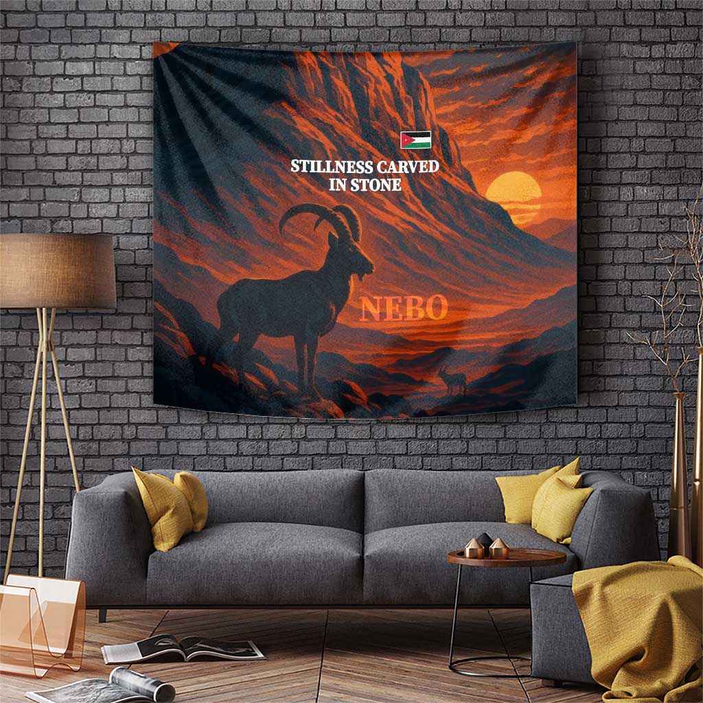 Jordan Nebo Mountain Tapestry with Ibex and Desert Rock Landscape