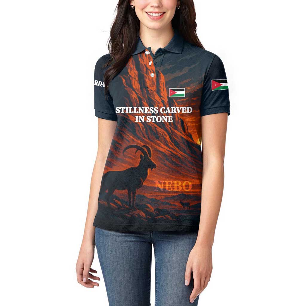 Jordan Nebo Mountain Women Polo Shirt with Ibex and Desert Rock Landscape