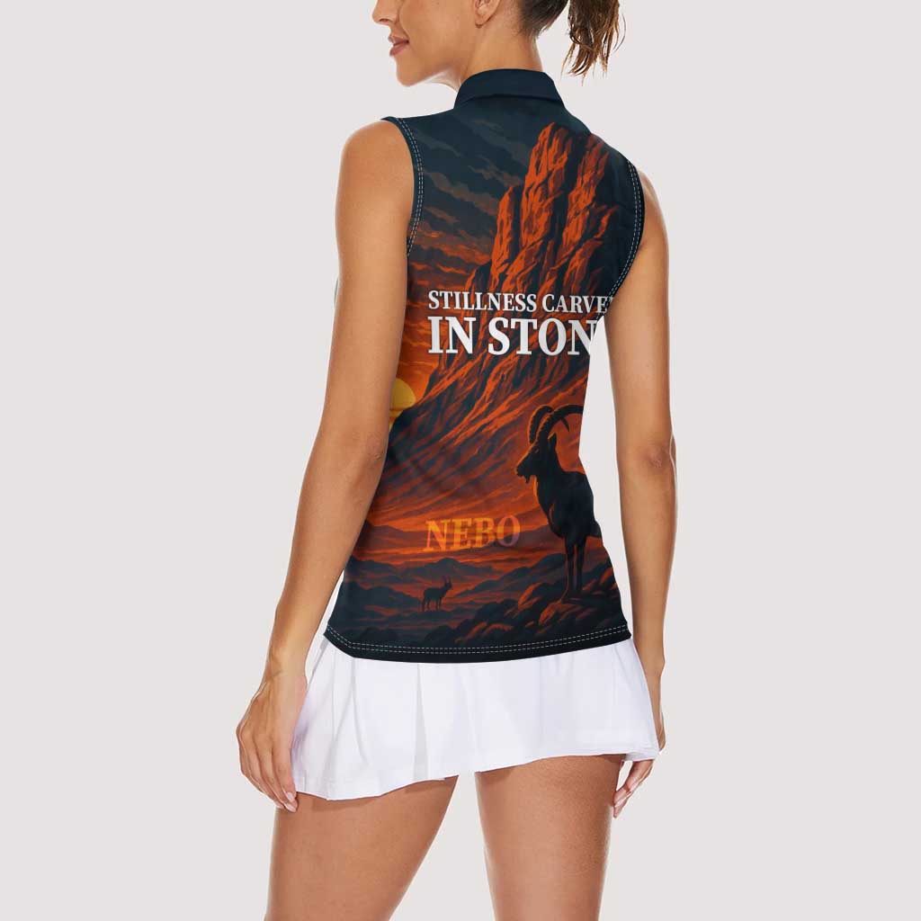 Jordan Nebo Mountain Women Sleeveless Polo Shirt with Ibex and Desert Rock Landscape
