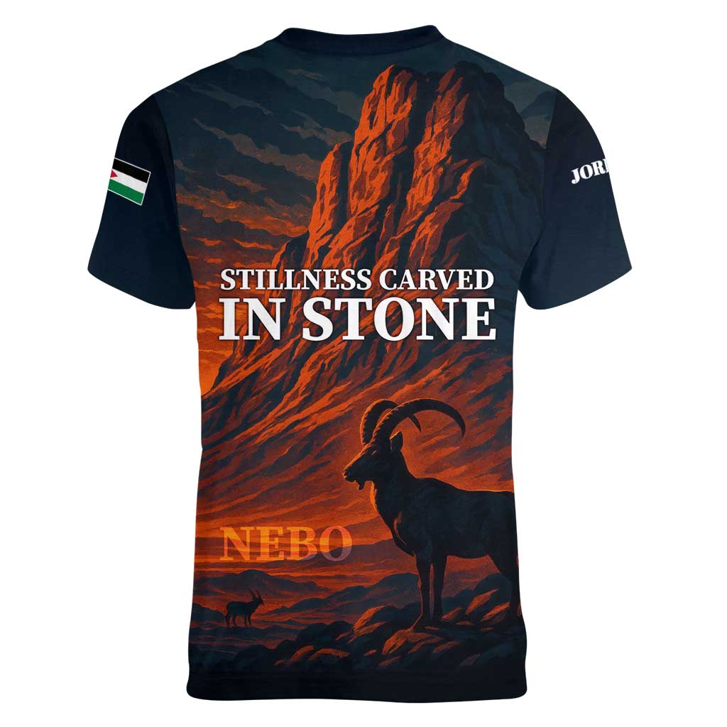 Jordan Nebo Mountain Women V-Neck T-Shirt with Ibex and Desert Rock Landscape