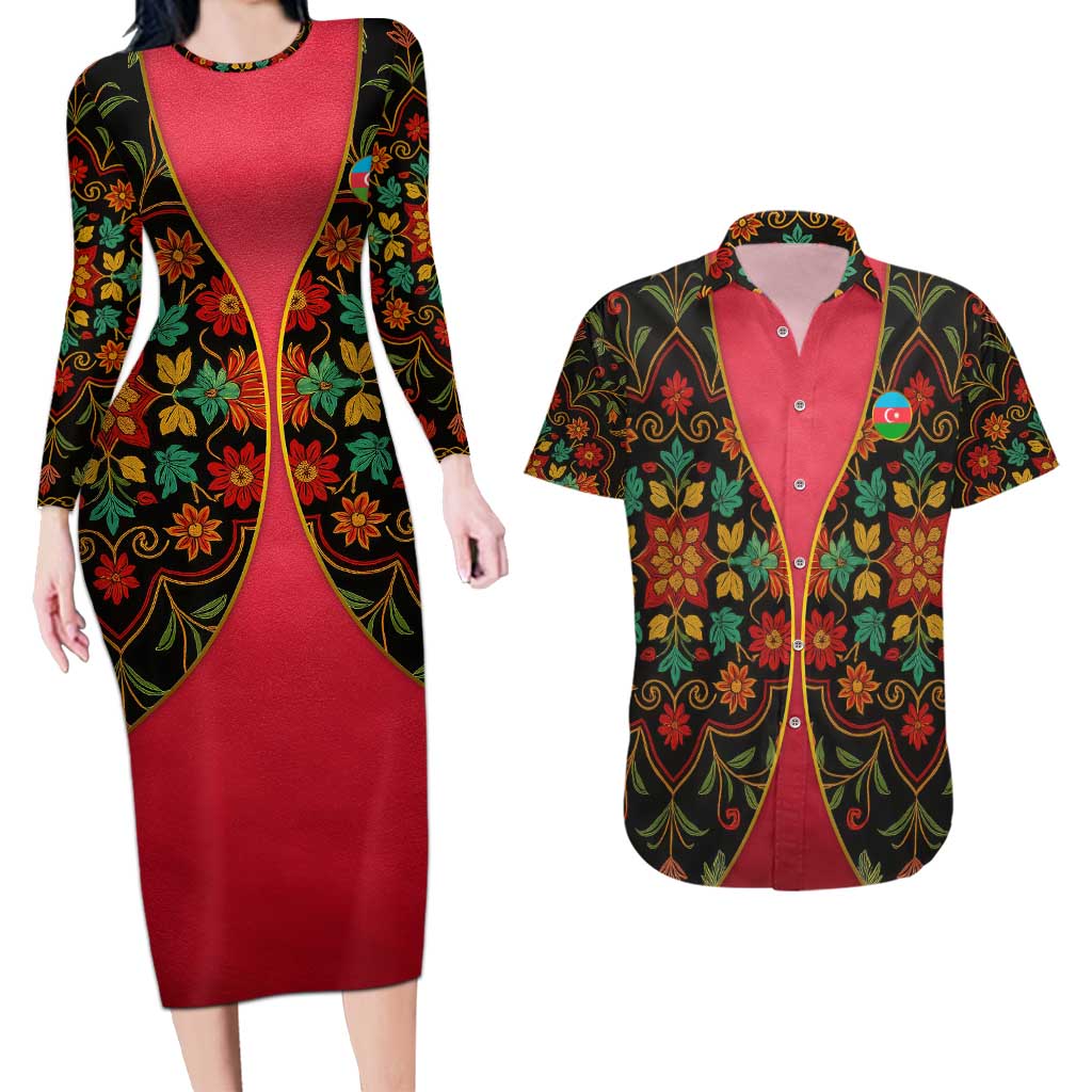 Azerbaijan Folk Floral Couples Matching Long Sleeve Bodycon Dress and Hawaiian Shirt with Traditional Carpet-Inspired Pattern