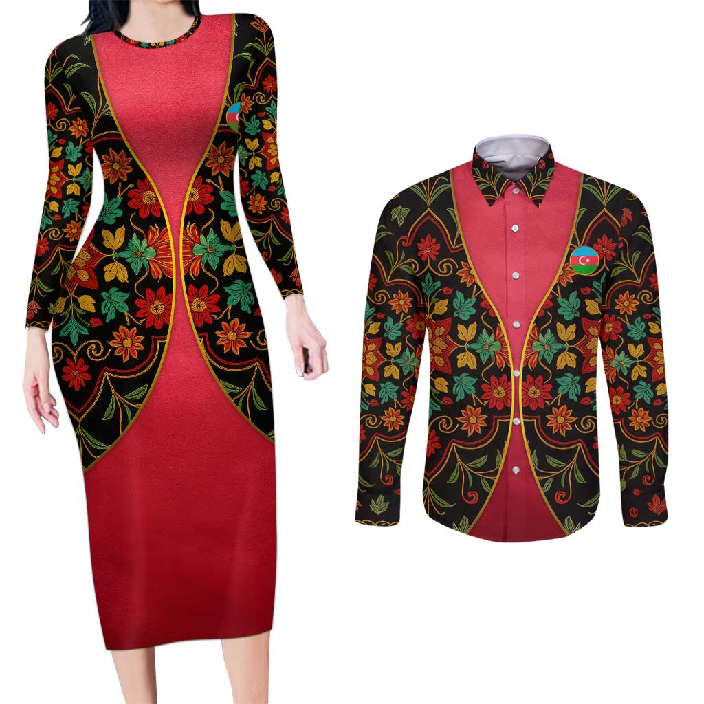 Azerbaijan Folk Floral Couples Matching Long Sleeve Bodycon Dress and Long Sleeve Button Shirt with Traditional Carpet-Inspired Pattern