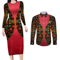Azerbaijan Folk Floral Couples Matching Long Sleeve Bodycon Dress and Long Sleeve Button Shirt with Traditional Carpet-Inspired Pattern