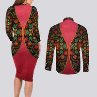 Azerbaijan Folk Floral Couples Matching Long Sleeve Bodycon Dress and Long Sleeve Button Shirt with Traditional Carpet-Inspired Pattern
