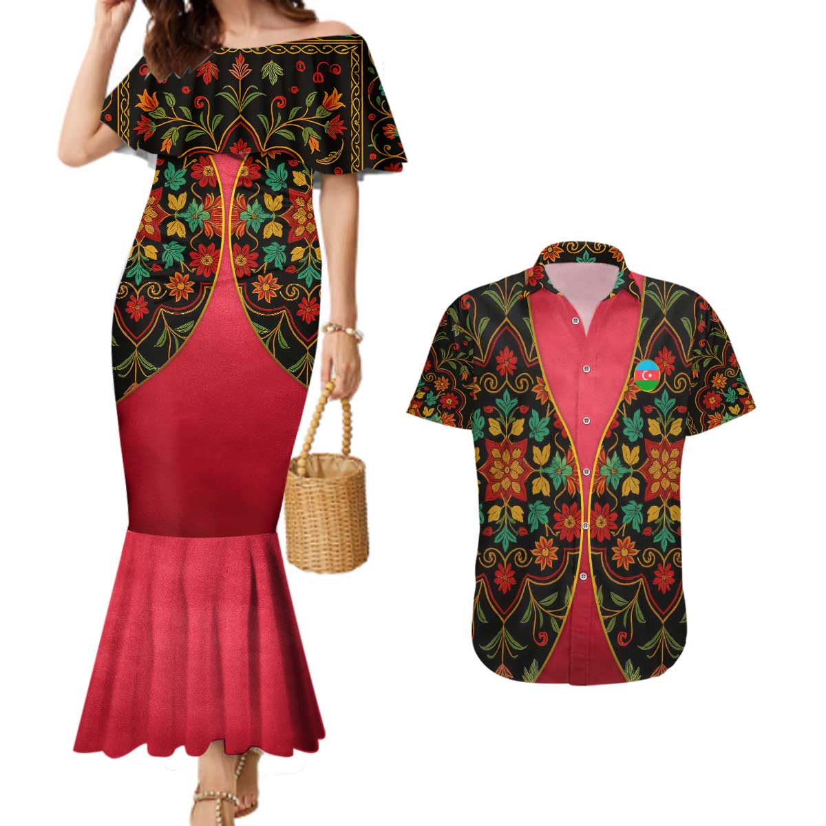 Azerbaijan Folk Floral Couples Matching Mermaid Dress and Hawaiian Shirt with Traditional Carpet-Inspired Pattern