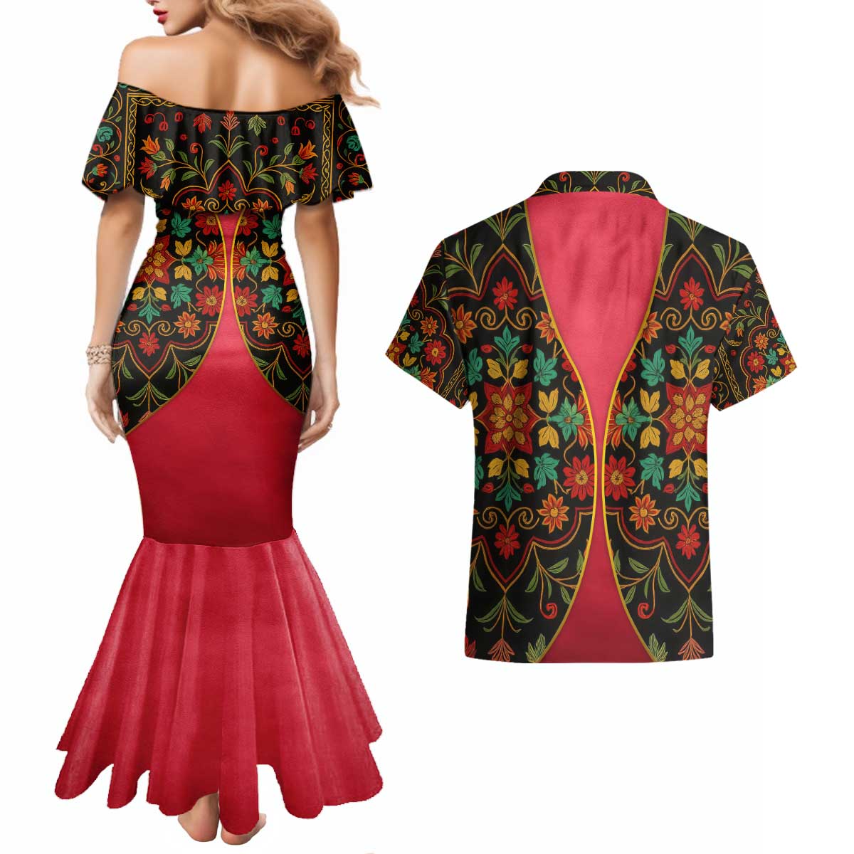Azerbaijan Folk Floral Couples Matching Mermaid Dress and Hawaiian Shirt with Traditional Carpet-Inspired Pattern