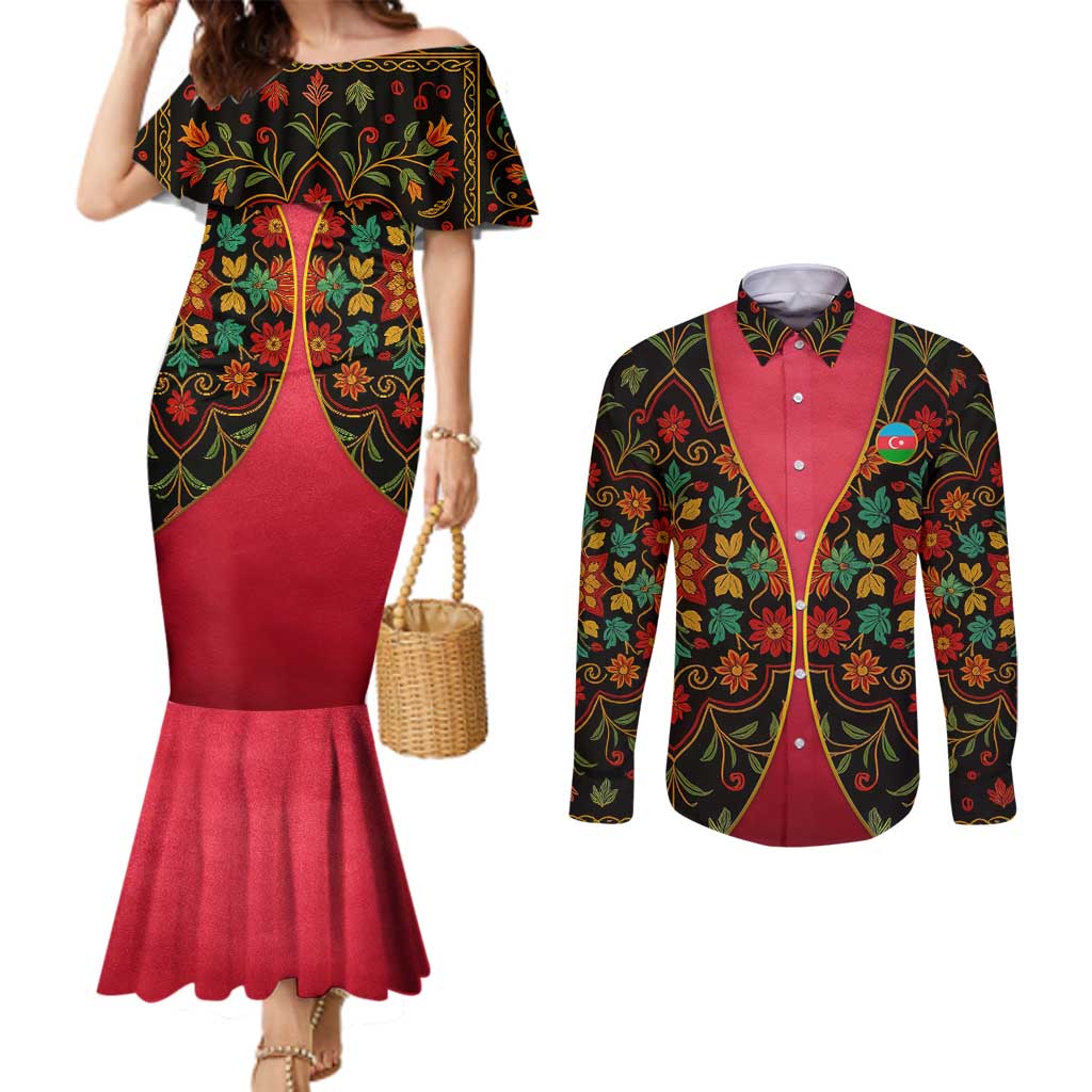 Azerbaijan Folk Floral Couples Matching Mermaid Dress and Long Sleeve Button Shirt with Traditional Carpet-Inspired Pattern