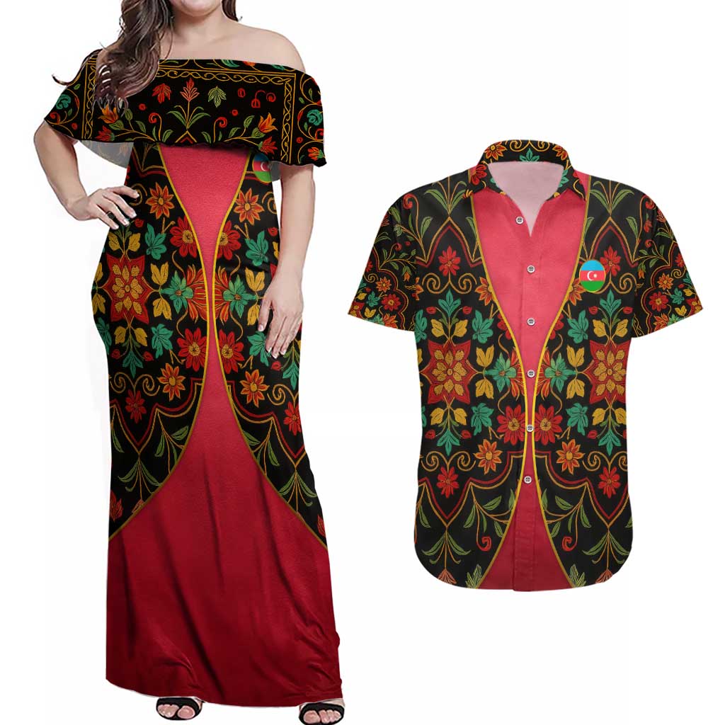 Azerbaijan Folk Floral Couples Matching Off Shoulder Maxi Dress and Hawaiian Shirt with Traditional Carpet-Inspired Pattern