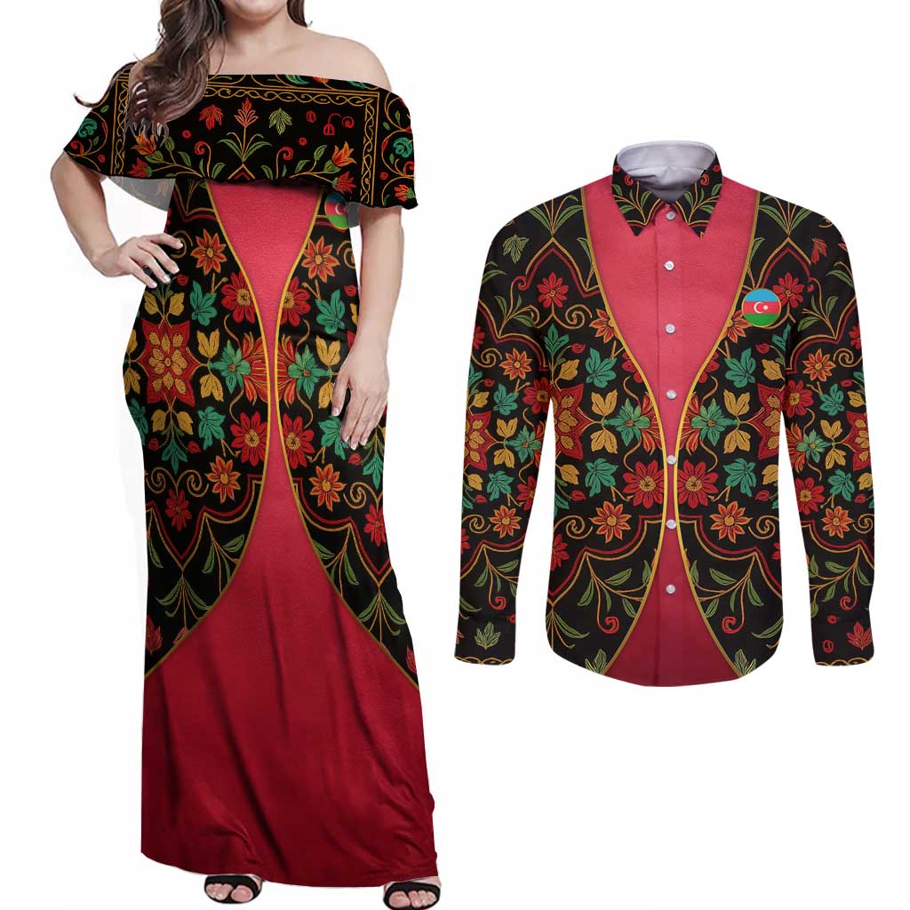 Azerbaijan Folk Floral Couples Matching Off Shoulder Maxi Dress and Long Sleeve Button Shirt with Traditional Carpet-Inspired Pattern