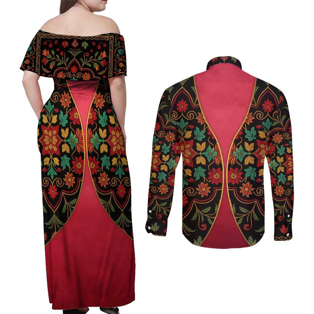 Azerbaijan Folk Floral Couples Matching Off Shoulder Maxi Dress and Long Sleeve Button Shirt with Traditional Carpet-Inspired Pattern