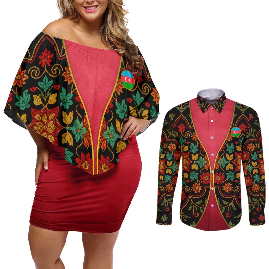 Azerbaijan Folk Floral Couples Matching Off Shoulder Short Dress and Long Sleeve Button Shirt with Traditional Carpet-Inspired Pattern
