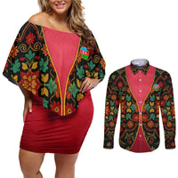 Azerbaijan Folk Floral Couples Matching Off Shoulder Short Dress and Long Sleeve Button Shirt with Traditional Carpet-Inspired Pattern
