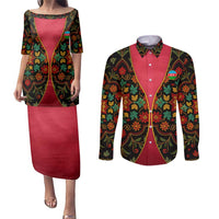 Azerbaijan Folk Floral Couples Matching Puletasi and Long Sleeve Button Shirt with Traditional Carpet-Inspired Pattern