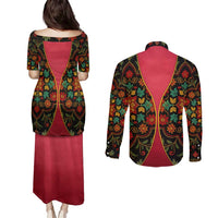 Azerbaijan Folk Floral Couples Matching Puletasi and Long Sleeve Button Shirt with Traditional Carpet-Inspired Pattern