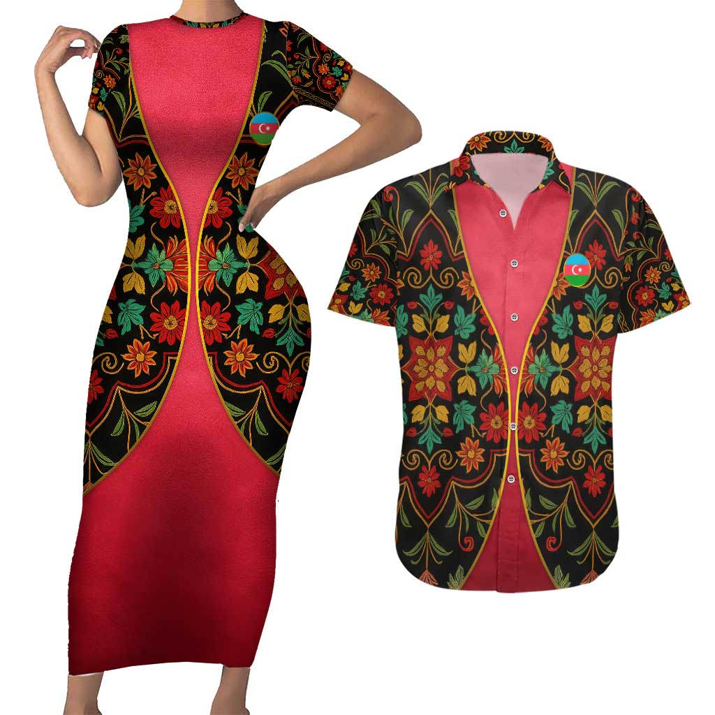 Azerbaijan Folk Floral Couples Matching Short Sleeve Bodycon Dress and Hawaiian Shirt with Traditional Carpet-Inspired Pattern