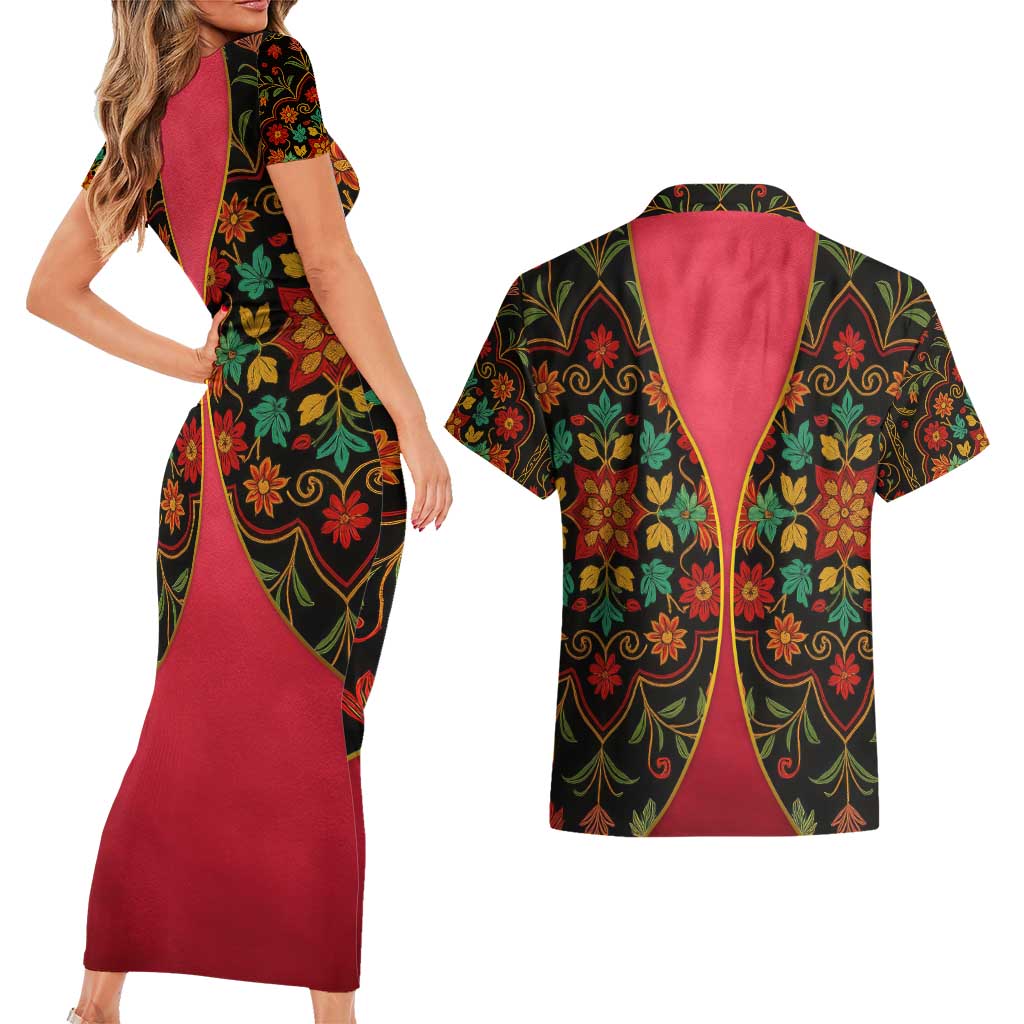 Azerbaijan Folk Floral Couples Matching Short Sleeve Bodycon Dress and Hawaiian Shirt with Traditional Carpet-Inspired Pattern