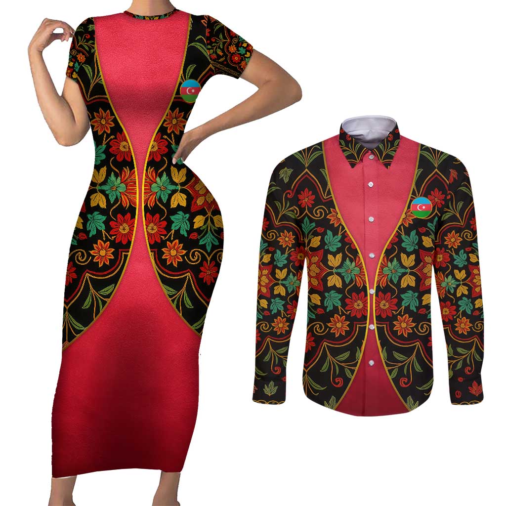 Azerbaijan Folk Floral Couples Matching Short Sleeve Bodycon Dress and Long Sleeve Button Shirt with Traditional Carpet-Inspired Pattern