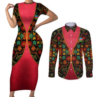 Azerbaijan Folk Floral Couples Matching Short Sleeve Bodycon Dress and Long Sleeve Button Shirt with Traditional Carpet-Inspired Pattern