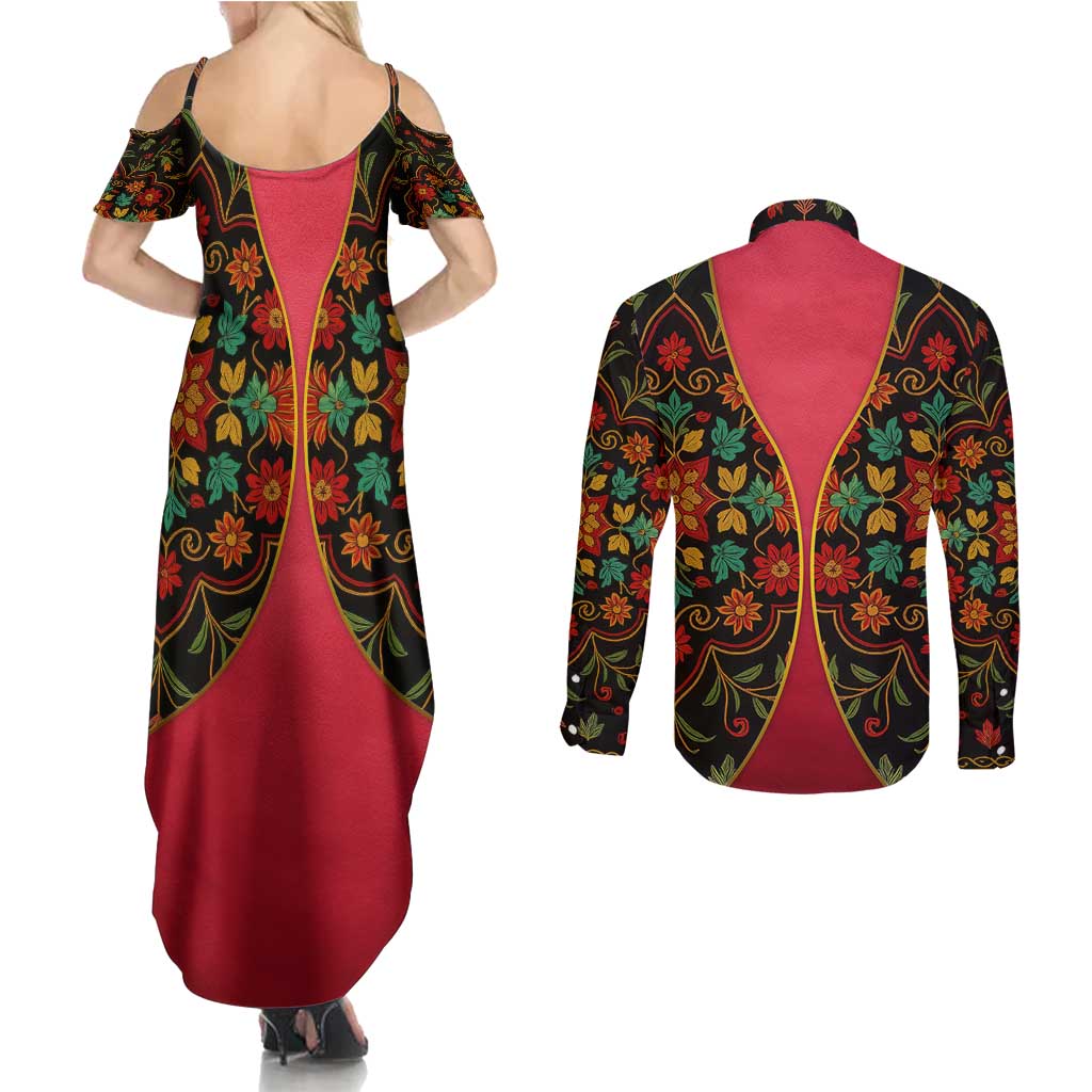 Azerbaijan Folk Floral Couples Matching Summer Maxi Dress and Long Sleeve Button Shirt with Traditional Carpet-Inspired Pattern