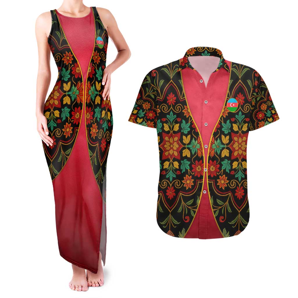 Azerbaijan Folk Floral Couples Matching Tank Maxi Dress and Hawaiian Shirt with Traditional Carpet-Inspired Pattern