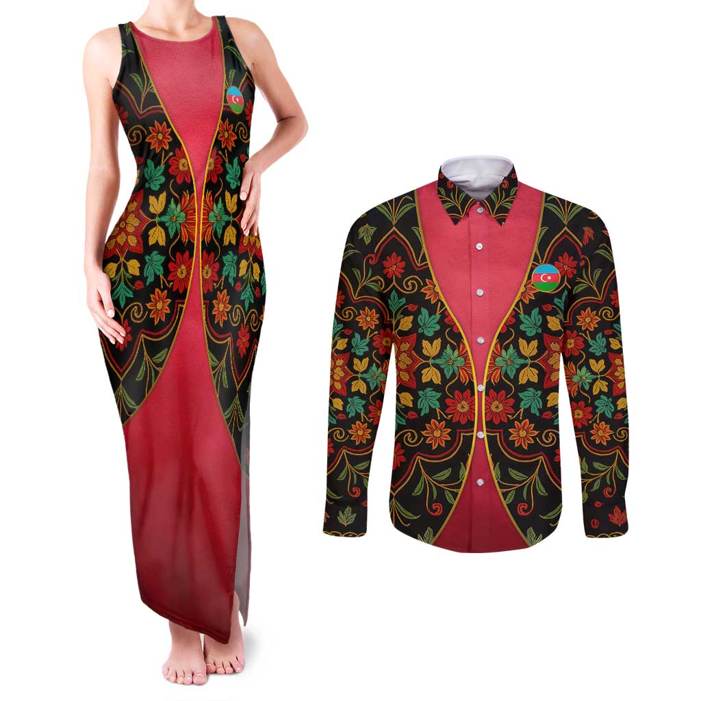 Azerbaijan Folk Floral Couples Matching Tank Maxi Dress and Long Sleeve Button Shirt with Traditional Carpet-Inspired Pattern