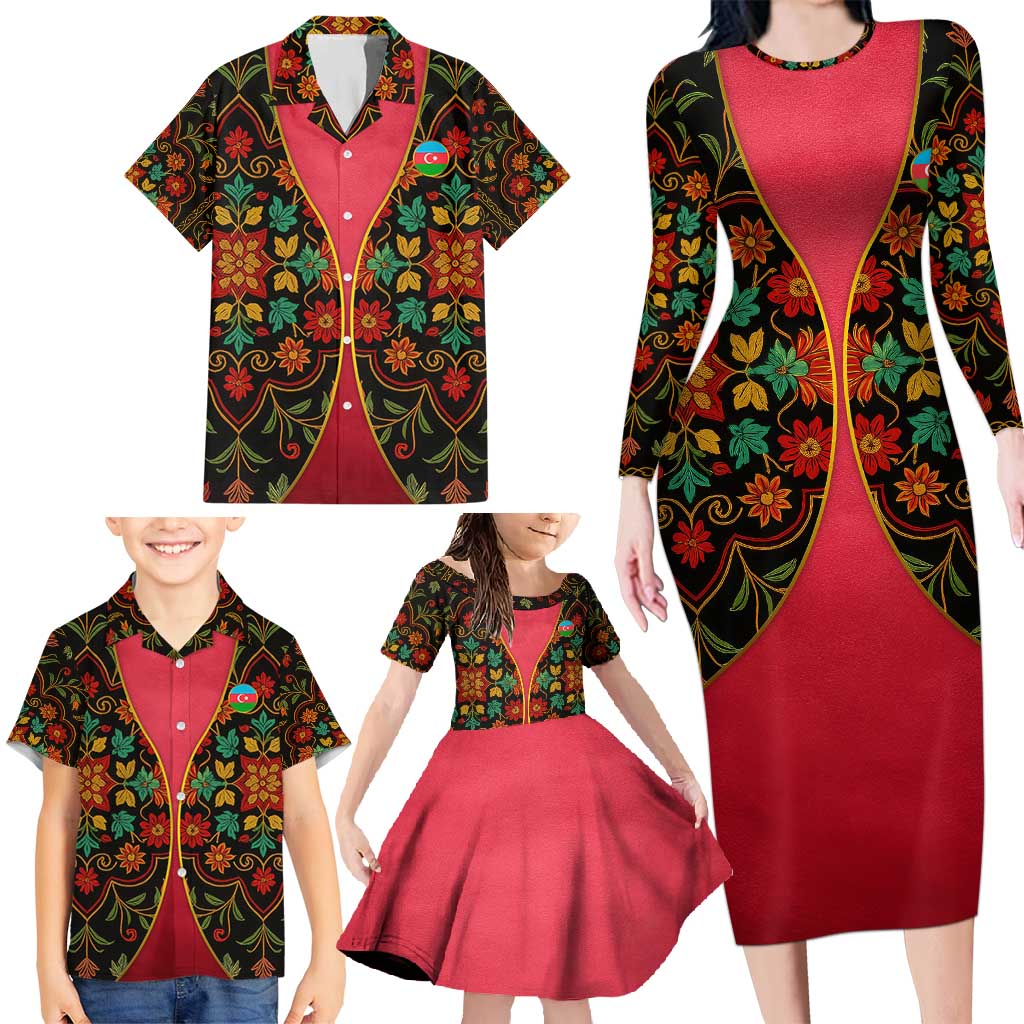 Azerbaijan Folk Floral Family Matching Long Sleeve Bodycon Dress and Hawaiian Shirt with Traditional Carpet-Inspired Pattern
