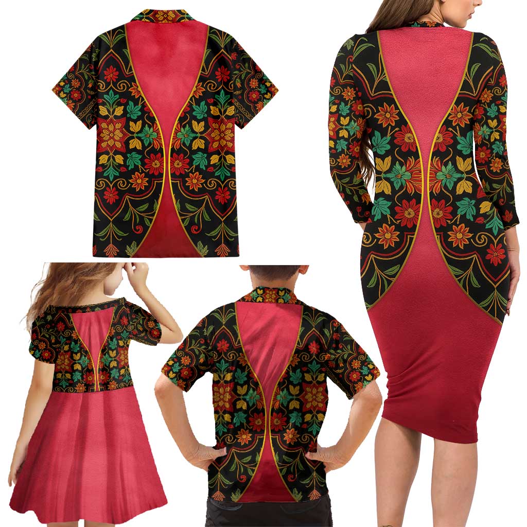 Azerbaijan Folk Floral Family Matching Long Sleeve Bodycon Dress and Hawaiian Shirt with Traditional Carpet-Inspired Pattern