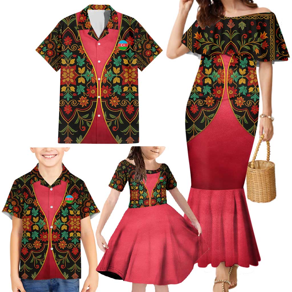 Azerbaijan Folk Floral Family Matching Mermaid Dress and Hawaiian Shirt with Traditional Carpet-Inspired Pattern