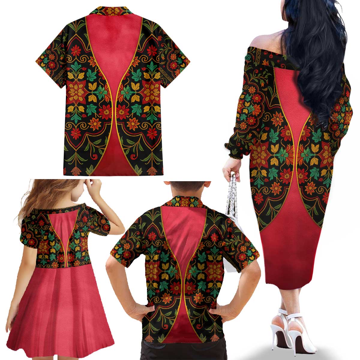 Azerbaijan Folk Floral Family Matching Off The Shoulder Long Sleeve Dress and Hawaiian Shirt with Traditional Carpet-Inspired Pattern