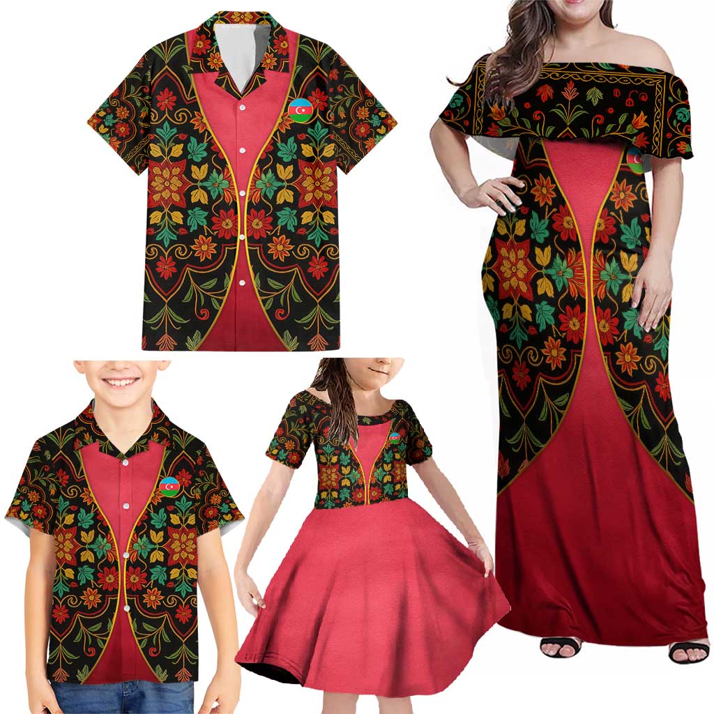 Azerbaijan Folk Floral Family Matching Off Shoulder Maxi Dress and Hawaiian Shirt with Traditional Carpet-Inspired Pattern