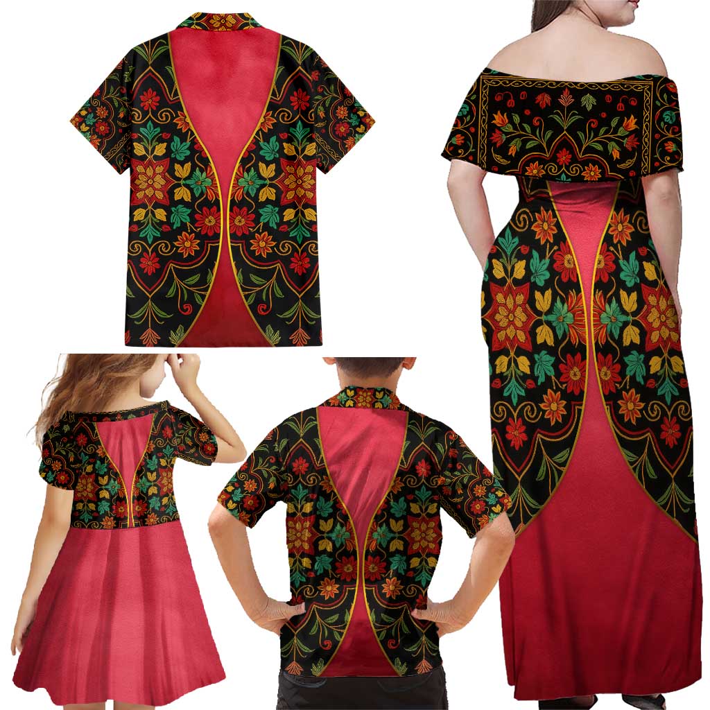 Azerbaijan Folk Floral Family Matching Off Shoulder Maxi Dress and Hawaiian Shirt with Traditional Carpet-Inspired Pattern
