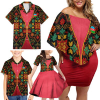 Azerbaijan Folk Floral Family Matching Off Shoulder Short Dress and Hawaiian Shirt with Traditional Carpet-Inspired Pattern